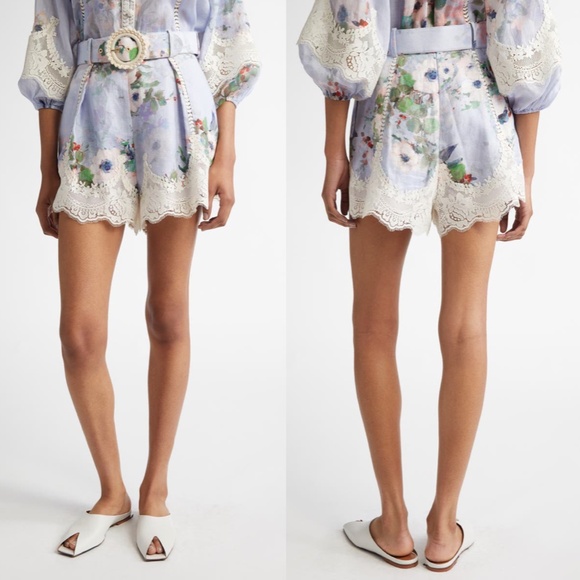 *SOLD* Zimmermann Everley Floral Belted Lace Trim Linen Shorts Light Blue NWT - Picture 3 of 17